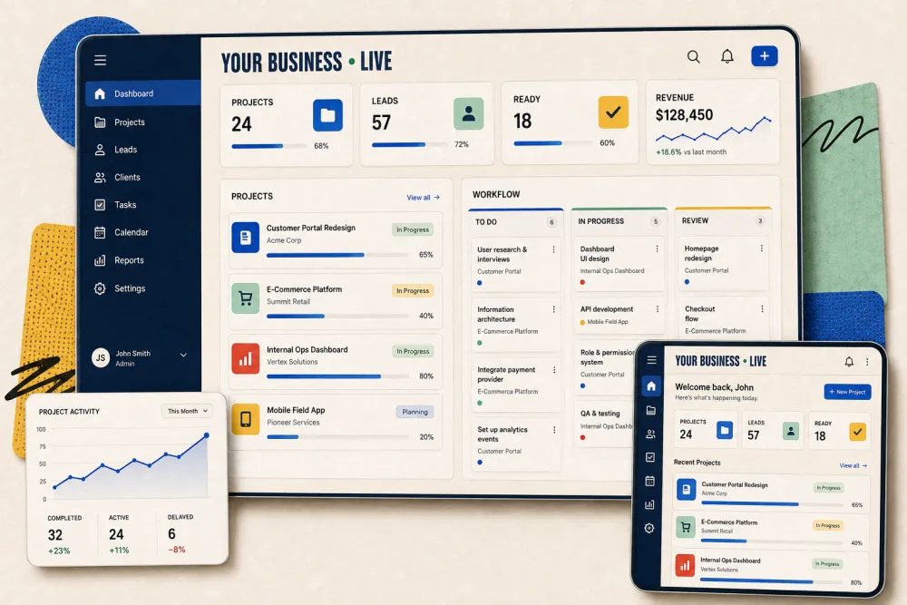 Custom business software dashboard shown across desktop and mobile screens